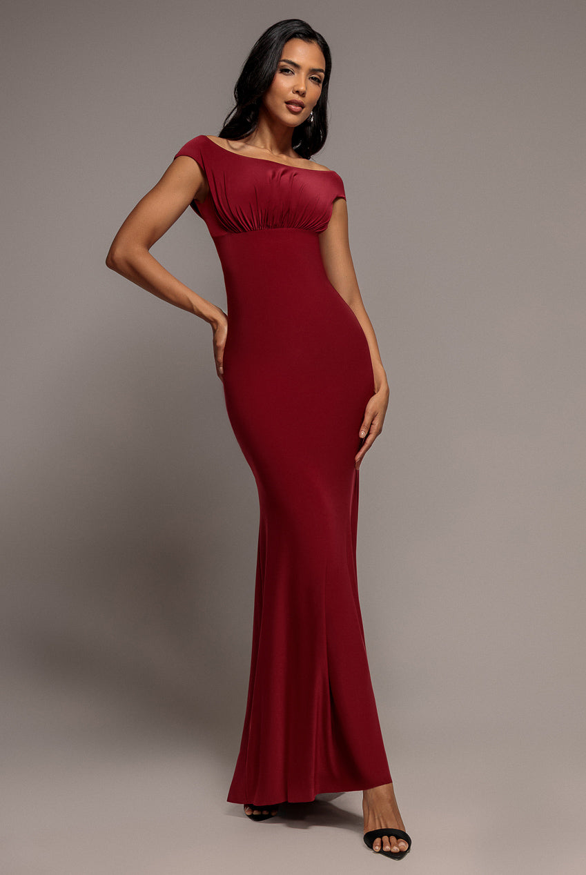 Open Back Cowl Neck Gathered Maxi Dress With Velvet Tie Back - Wine DR4856