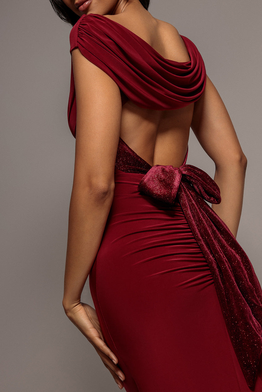 Open Back Cowl Neck Gathered Maxi Dress With Velvet Tie Back - Wine DR4856