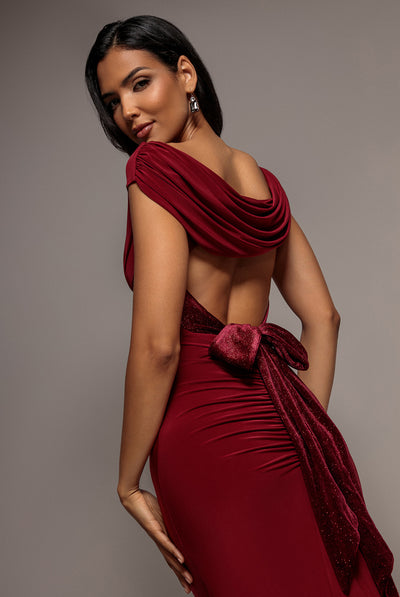 Wine - Open Back Cowl Neck Gathered Maxi Dress With Velvet Tie Back - Wine by Goddiva