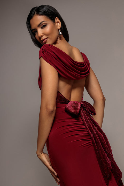 Open Back Cowl Neck Gathered Maxi Dress With Velvet Tie Back - Wine by Goddiva