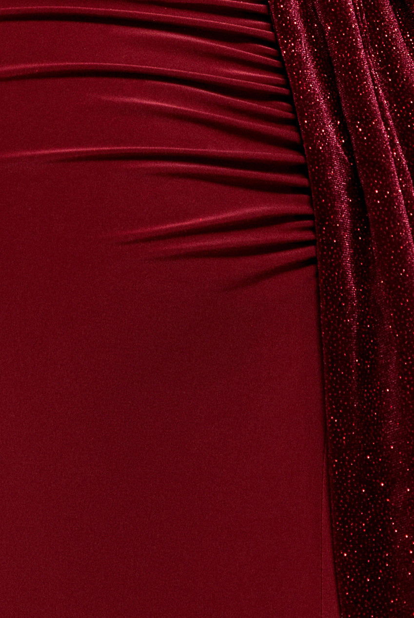 Open Back Cowl Neck Gathered Maxi Dress With Velvet Tie Back - Wine DR4856