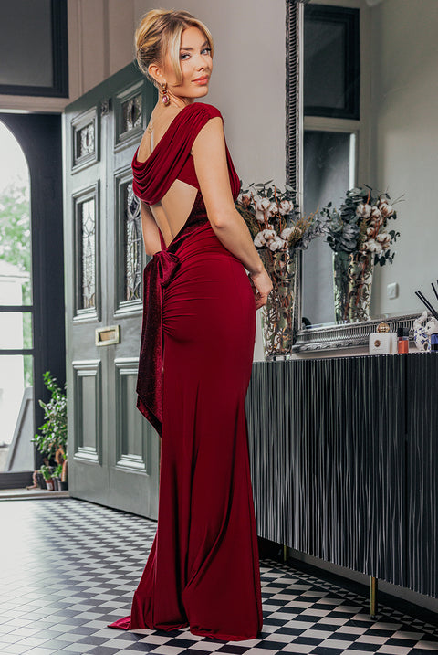 Open Back Cowl Neck Gathered Maxi Dress With Velvet Tie Back - Wine by Goddiva