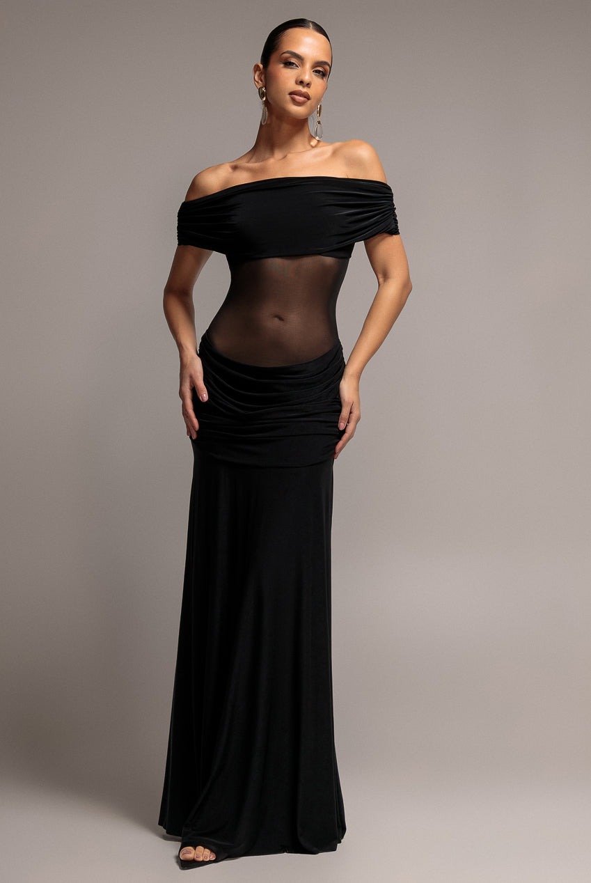 Gathered Off The Shoulder Mesh Waist Panel Maxi Dress - Black DR4857