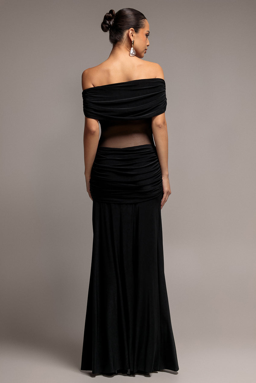 Gathered Off The Shoulder Mesh Waist Panel Maxi Dress - Black DR4857