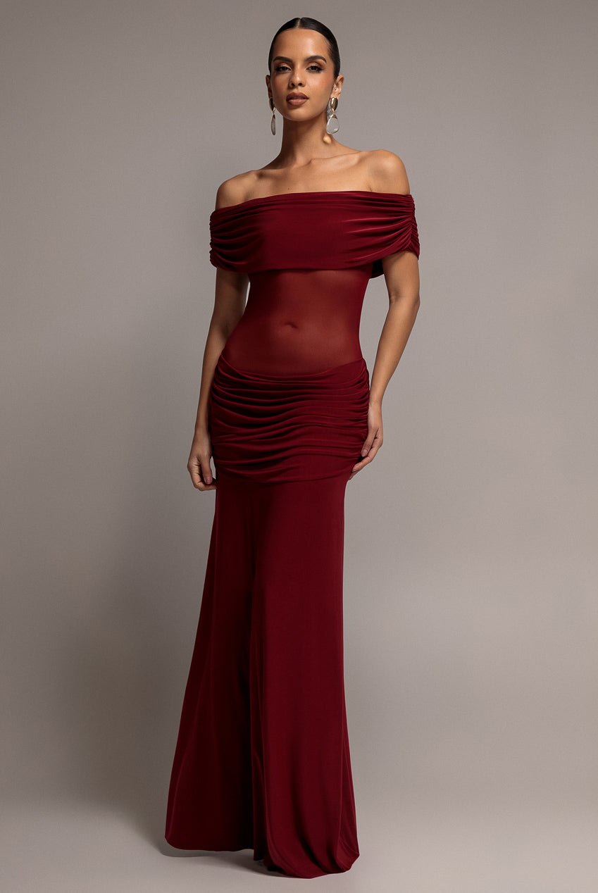 Gathered Off The Shoulder Mesh Waist Panel Maxi Dress - Wine DR4857