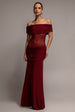 Gathered Off The Shoulder Mesh Waist Panel Maxi Dress - Wine by Goddiva