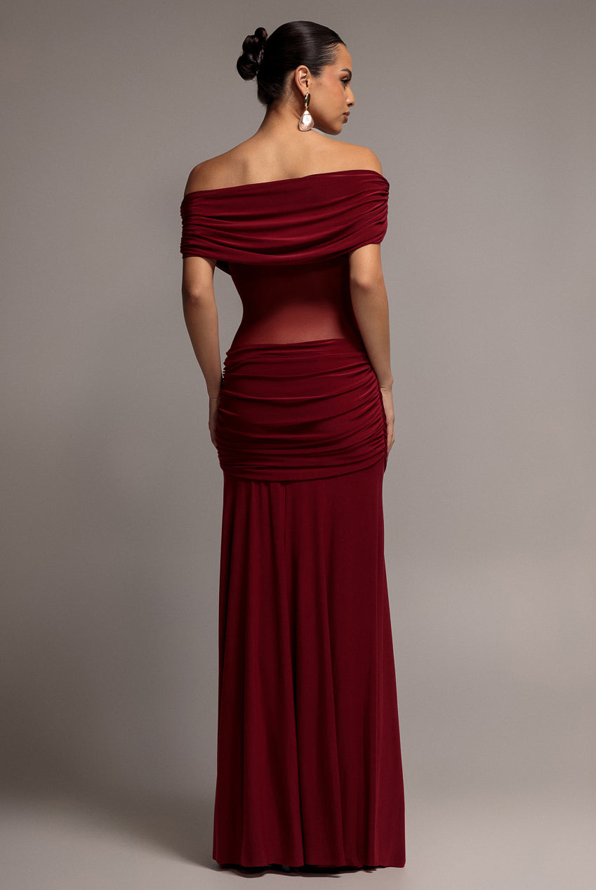 Gathered Off The Shoulder Mesh Waist Panel Maxi Dress - Wine DR4857