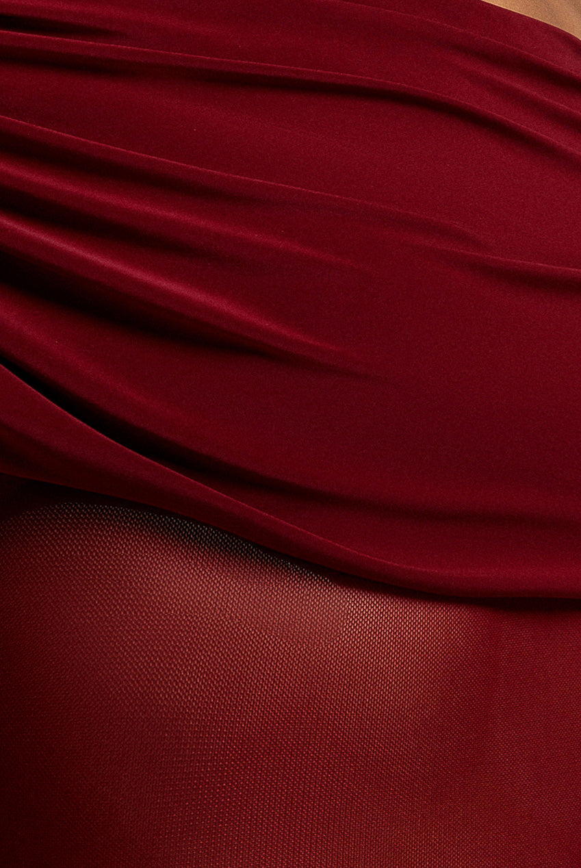 Gathered Off The Shoulder Mesh Waist Panel Maxi Dress - Wine DR4857