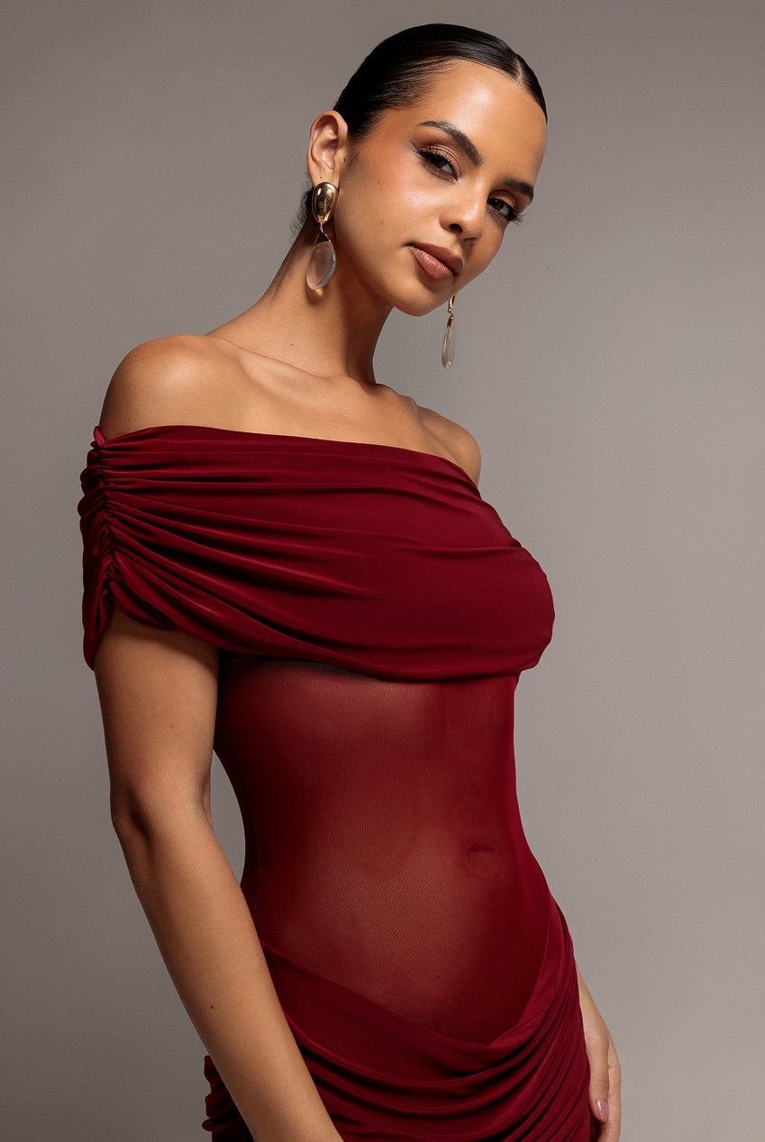 Gathered Off The Shoulder Mesh Waist Panel Maxi Dress - Wine DR4857