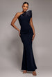 One Shoulder Organza Frill Pleated Mermaid Maxi Dress - Navy Blue by Goddiva