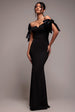 Scuba Off The Shoulder Velvet Bow Maxi Dress - Black by Goddiva