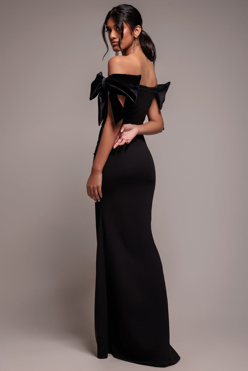 Scuba Off The Shoulder Velvet Bow Maxi Dress - Black DR4864