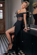 Off The Shoulder Corset Waist Mesh Wrap Skirt Soft Touch Maxi Dress - Black by Goddiva