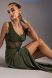 Off The Shoulder Corset Waist Mesh Wrap Skirt Soft Touch Maxi Dress - Khaki Green by Goddiva