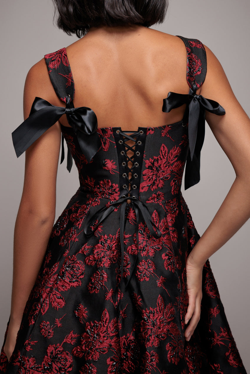 Jacquard Multiway Bow Strap Skater Midi Dress - Black DR4866