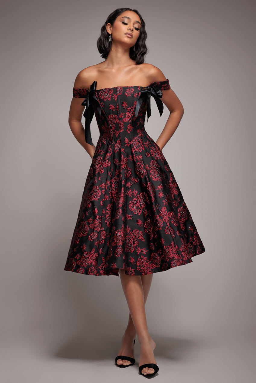 Jacquard Multiway Bow Strap Skater Midi Dress - Black DR4866