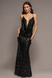 Plunge Cowl Criss Cross Back Sequin Maxi Dress - Black by Goddiva