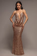 Plunge Cowl Criss Cross Back Sequin Maxi Dress - Champagne by Goddiva