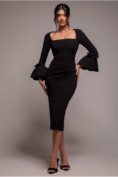 Petal Bow Sleeve Frill Midi Dress - Black by Goddiva