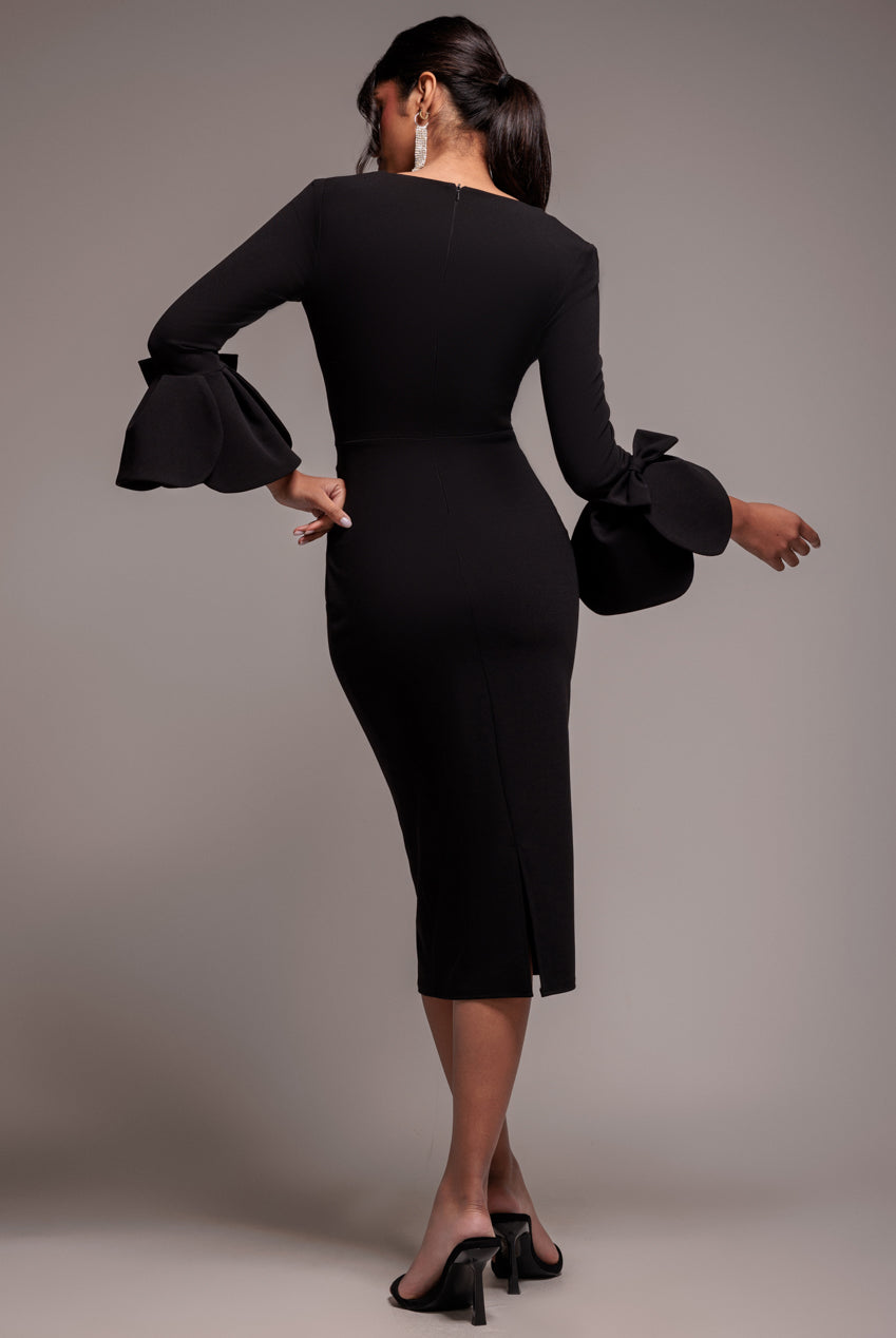 Petal Bow Sleeve Frill Midi Dress - Black DR4870