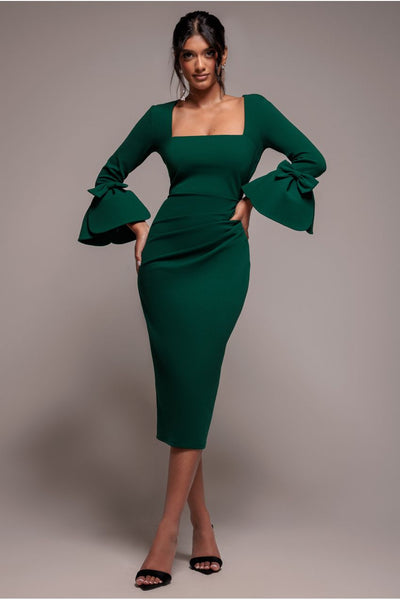 Petal Bow Sleeve Frill Midi Dress - Emerald Green by Goddiva