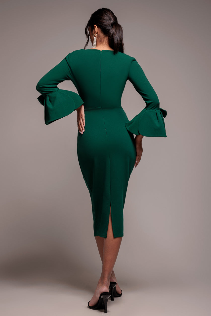 Petal Bow Sleeve Frill Midi Dress - Emerald Green DR4870