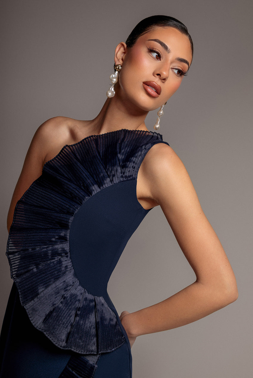 One Shoulder Pleated Fan Midi Dress - Navy Blue DR4872