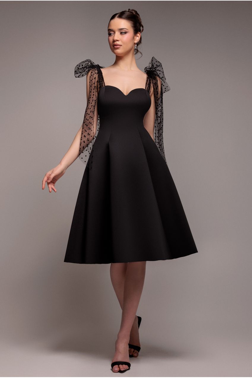 Scuba & Polka Mesh Bella Bow Multiway A-Line Midi Dress - Black DR4877