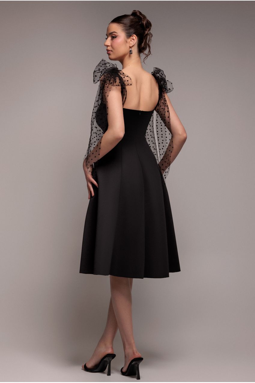 Scuba & Polka Mesh Bella Bow Multiway A-Line Midi Dress - Black DR4877