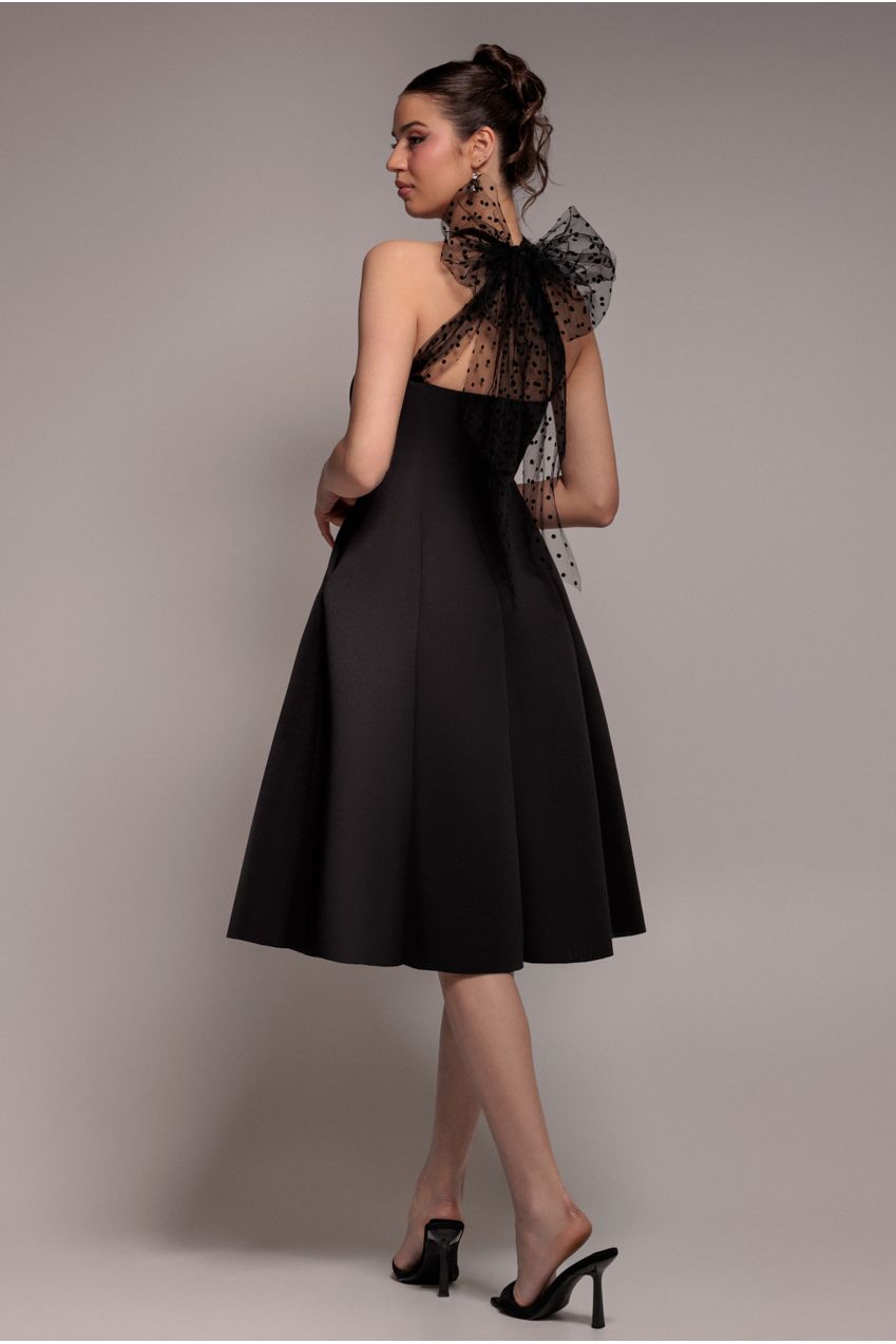 Scuba & Polka Mesh Bella Bow Multiway A-Line Midi Dress - Black DR4877
