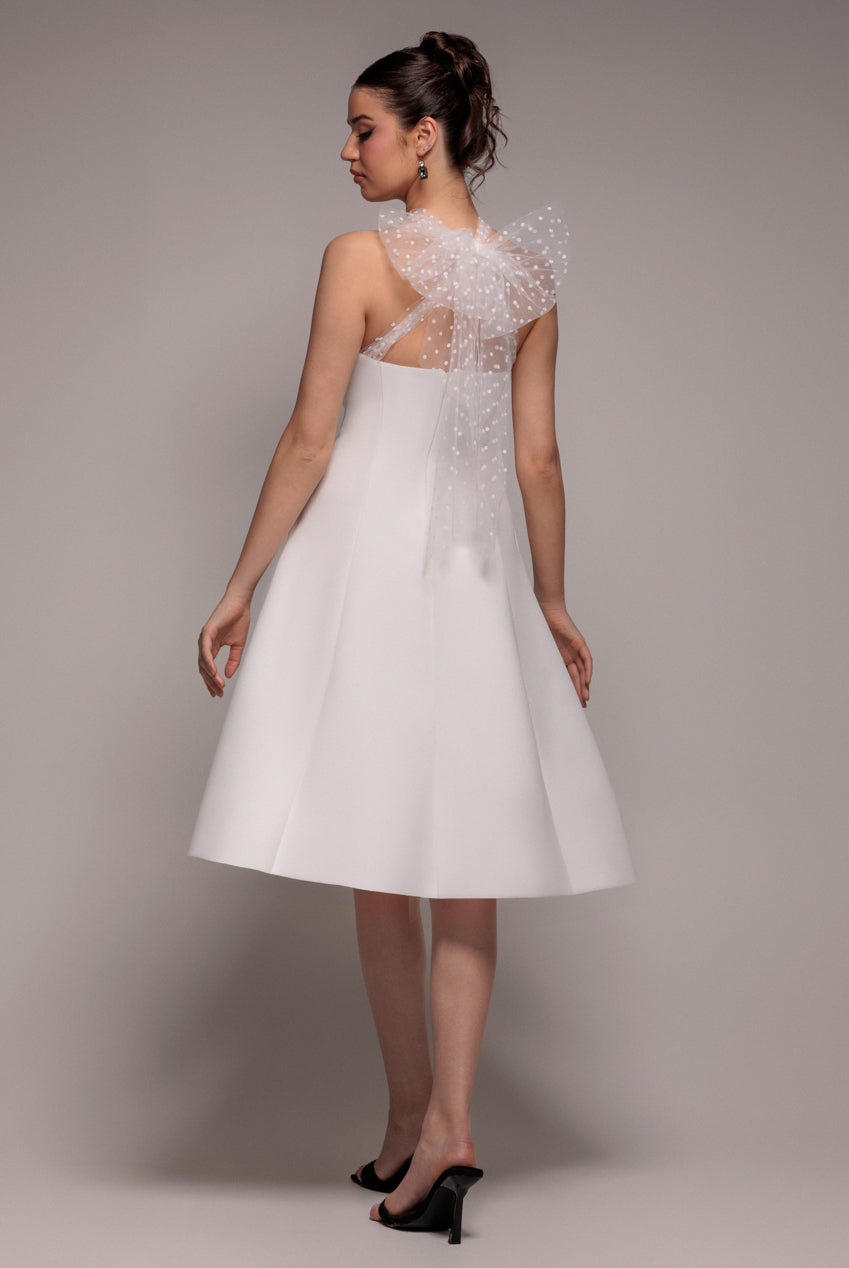 Scuba & Polka Mesh Bella Bow Multiway A-Line Midi Dress - White DR4877