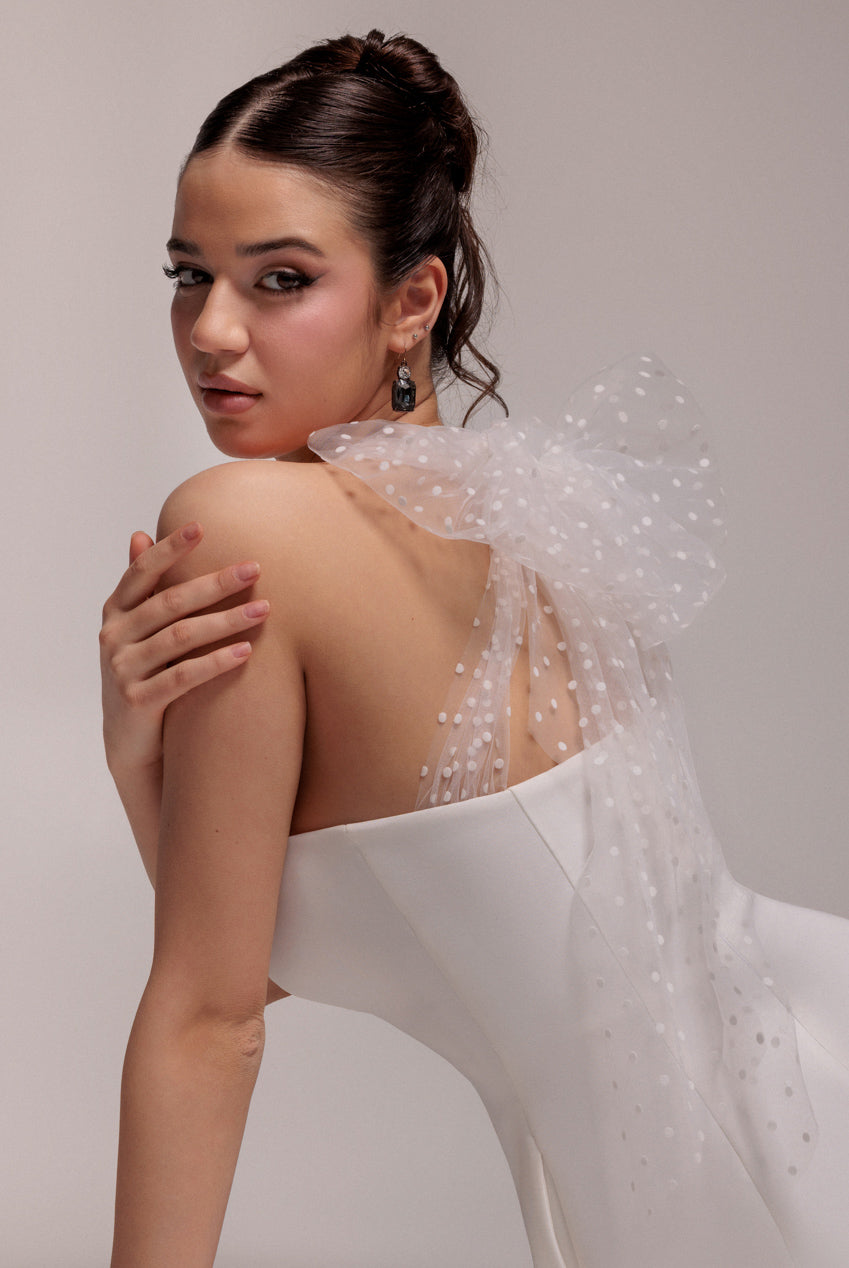 Scuba & Polka Mesh Bella Bow Multiway A-Line Midi Dress - White DR4877