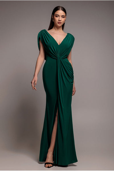red engagement dress Letheria Green Cowl Neck Satin Maxi Dress