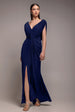 Cowl Plunge Draped Mermaid Maxi Dress - Navy Blue by Goddiva