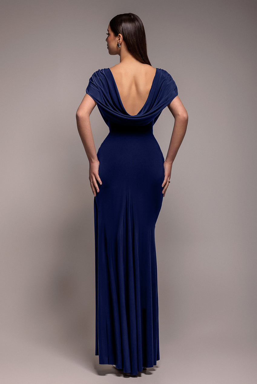 Cowl Plunge Draped Mermaid Maxi Dress - Navy Blue DR4879