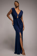 Cowl Plunge Draped Mermaid Maxi Dress - Navy Blue by Goddiva