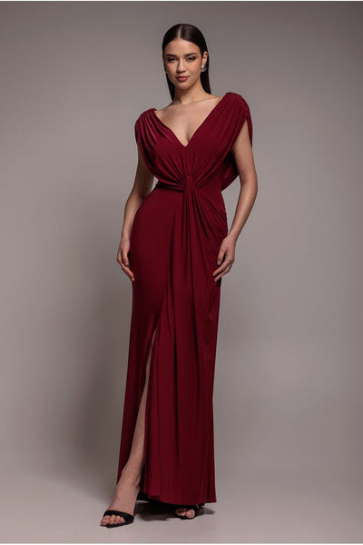 Wine - Cowl Plunge Draped Mermaid Maxi Dress - Wine by Goddiva