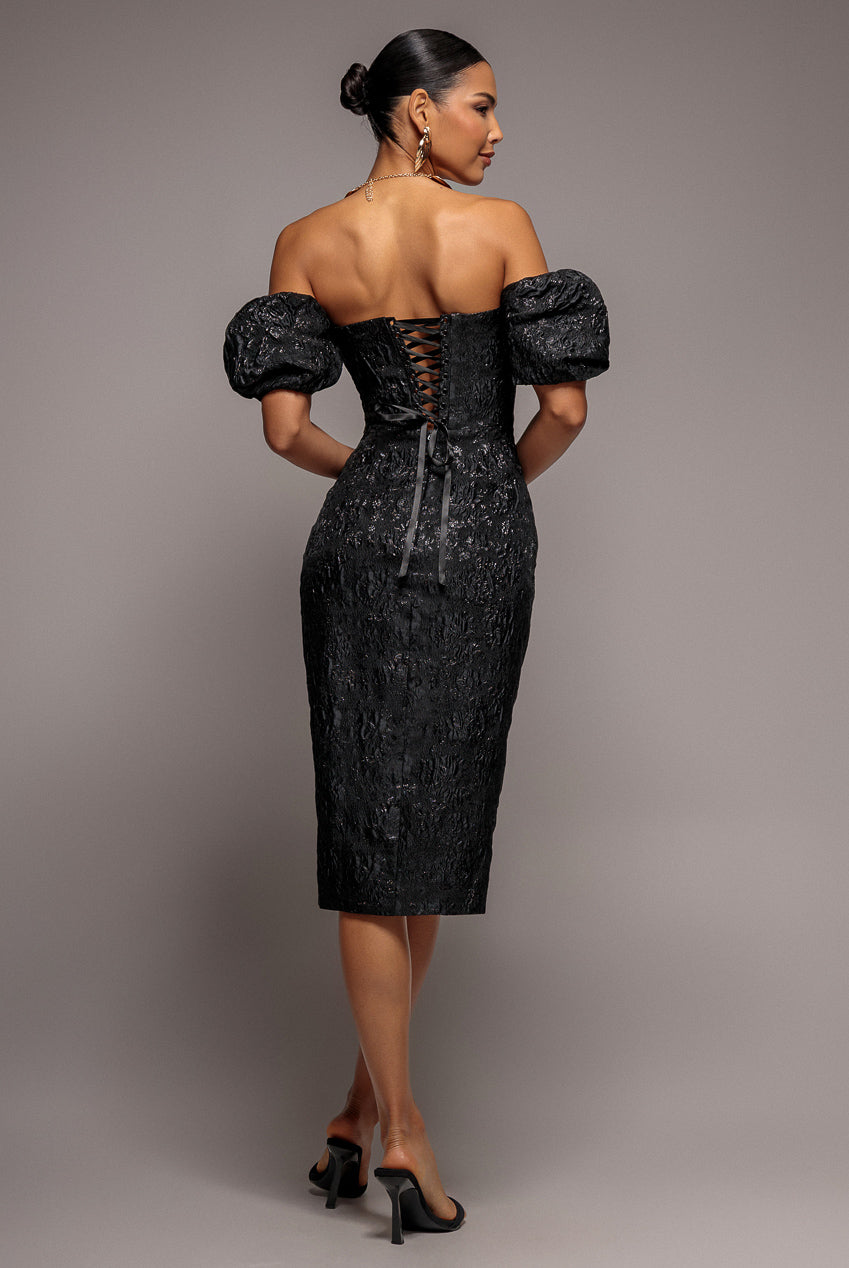 Puff Sleeve Sweetheart Midi Dress - Black DR4883
