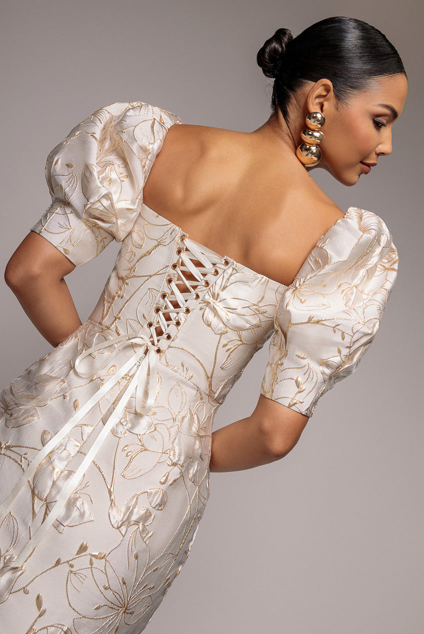 Puff Sleeve Sweetheart Midi Dress - Cream DR4883