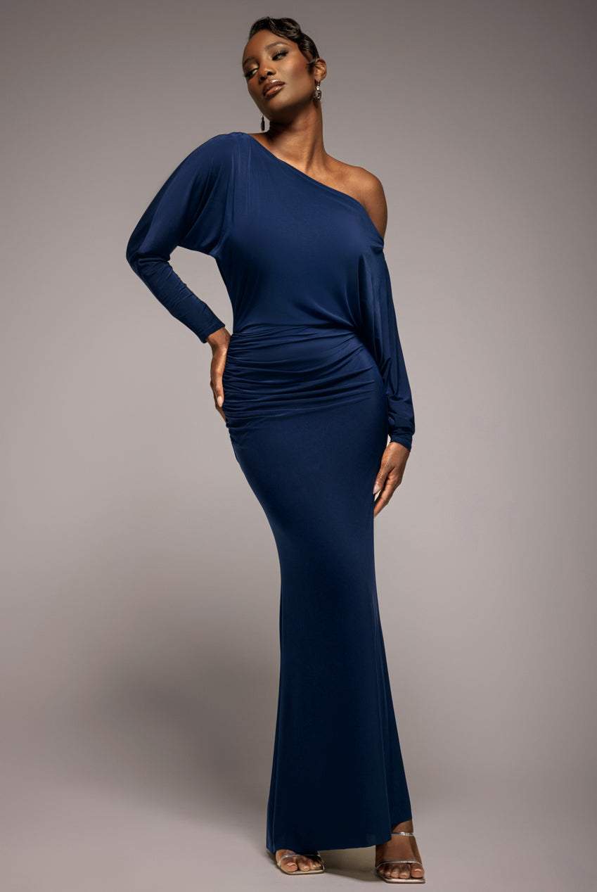 Bat Wing Elasticated Side Gather Maxi Dress - Navy Blue DR4889