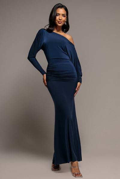 Bat Wing Elasticated Side Gather Maxi Dress - Navy Blue by Goddiva