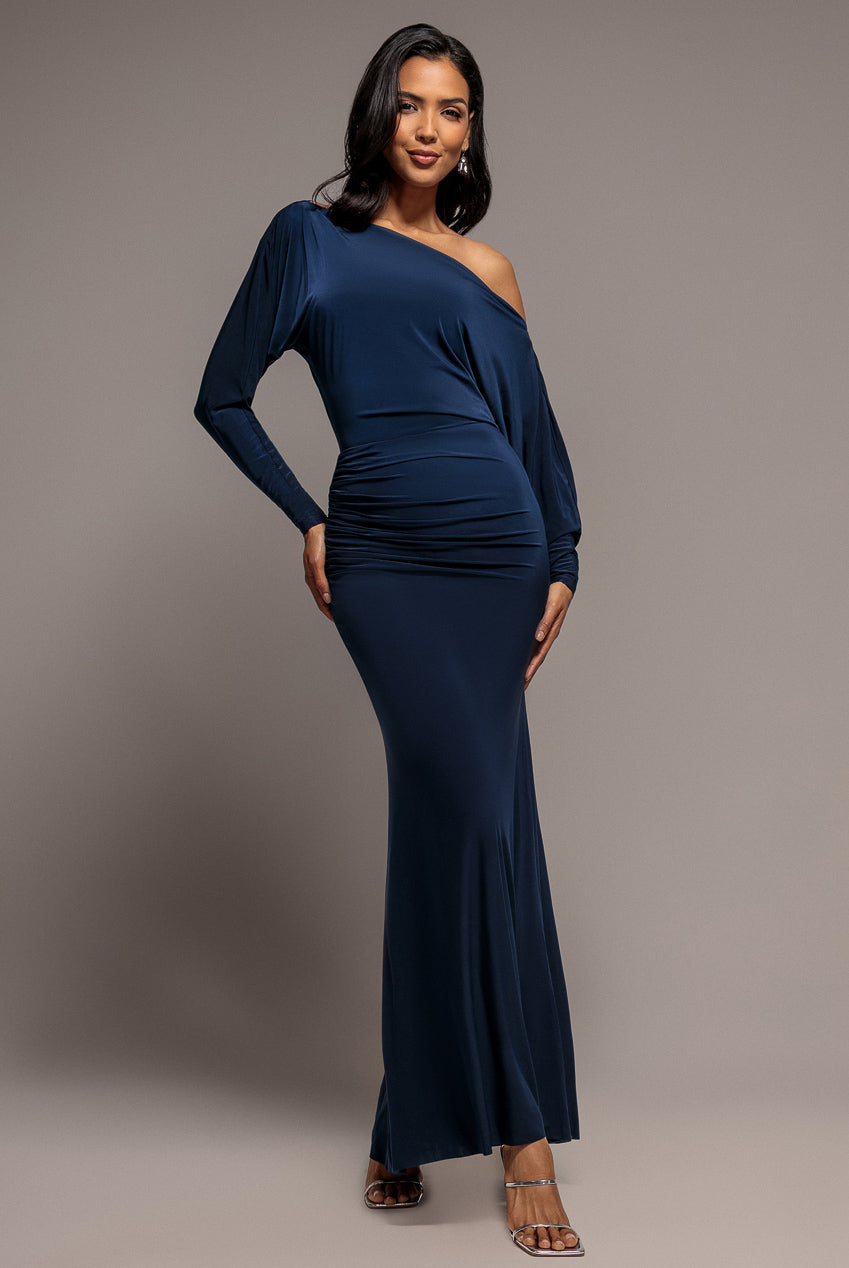 Bat Wing Elasticated Side Gather Maxi Dress - Navy Blue DR4889