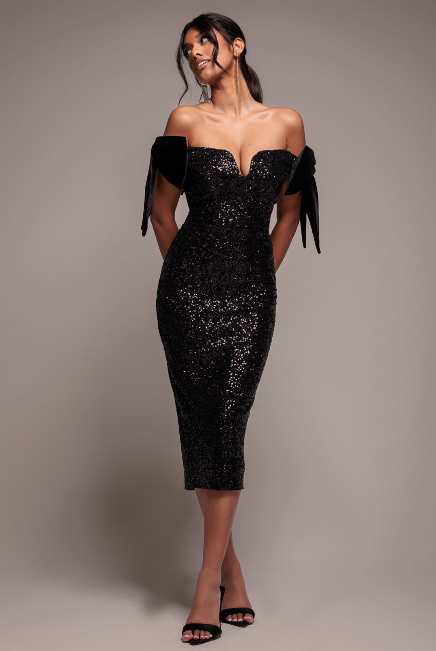 Sequin Off The Shoulder Velvet Bow Midi Dress - Black DR4895