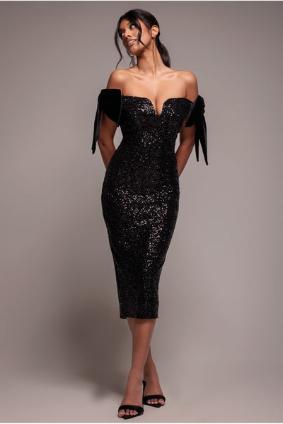 Sequin Off The Shoulder Velvet Bow Midi Dress - Black by Goddiva