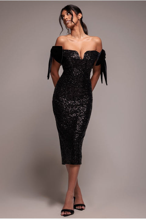 Sequin Off The Shoulder Velvet Bow Midi Dress - Black by Goddiva