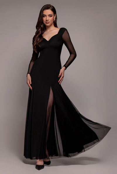 Black - Dobby Mesh Insert Long Sleeve A-Line Maxi Dress - Black by Goddiva