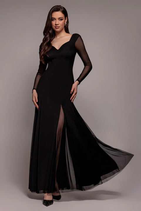 Dobby Mesh Insert Long Sleeve A-Line Maxi Dress - Black by Goddiva