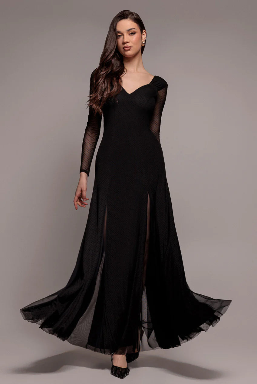 Dobby Mesh Insert Long Sleeve A-Line Maxi Dress - Black DR4897