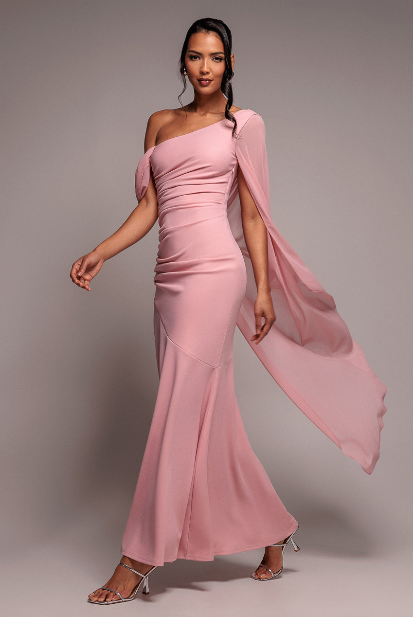 One Shoulder Cape Scuba & Chiffon Maxi Dress - Blush Pink DR4899