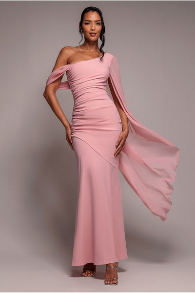 One Shoulder Cape Scuba & Chiffon Maxi Dress - Blush Pink by Goddiva